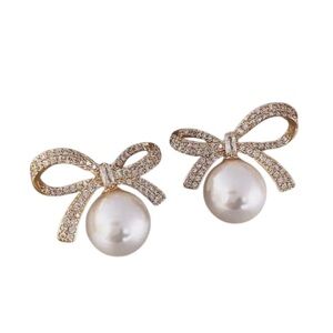 Gold Bow Classic Faux Pearl Formal Earrings Prom Cocktail Wedding Bridal Jewelry